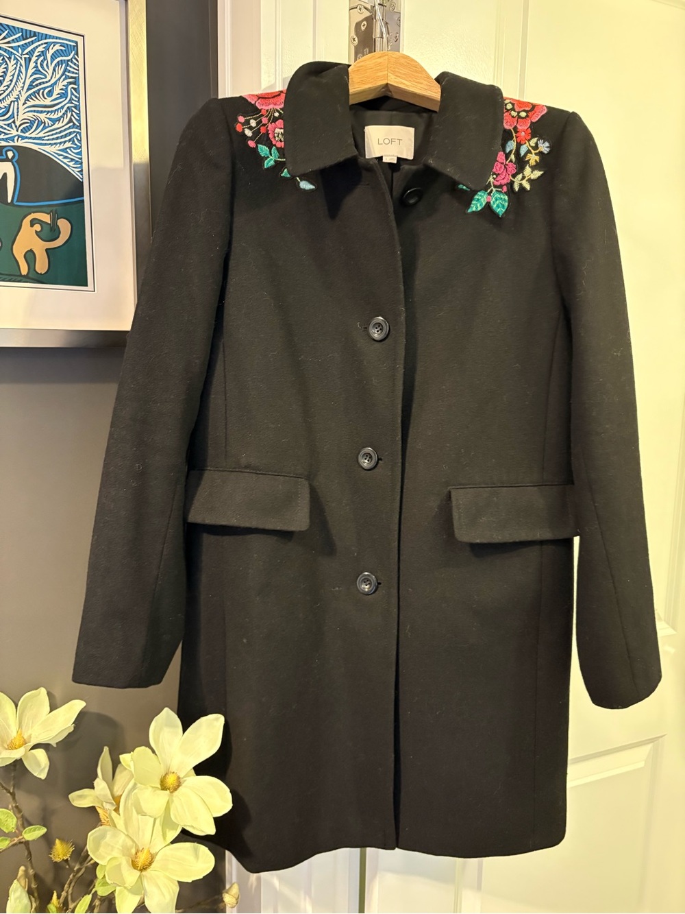 LOFT Black Embroidered Collar Wool Blend Coat S